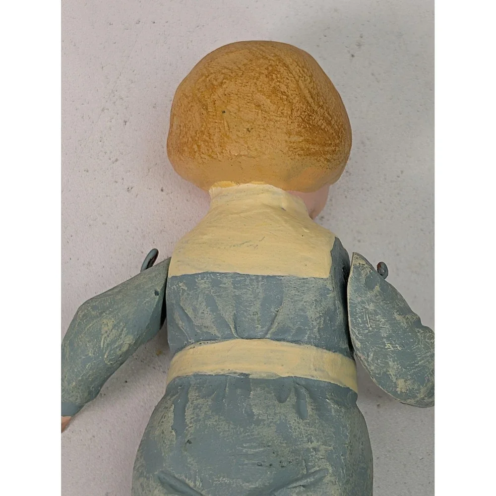 Vintage Carved Wood Articulated Artist Doll Blue Romper Black Boots Painted